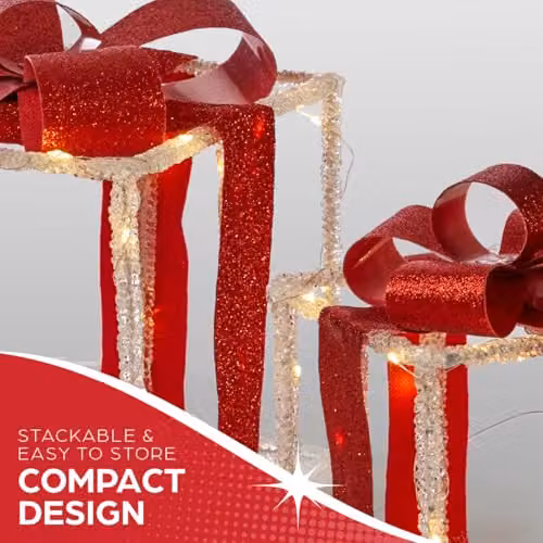 The Christmas Workshop Light-Up Gift Boxes, Set of 3, White and Red with Warm White LED Lights and Timer Function, Battery Powered, W/D/H: 22.0 x 20.0 x 20.0 cm – 7