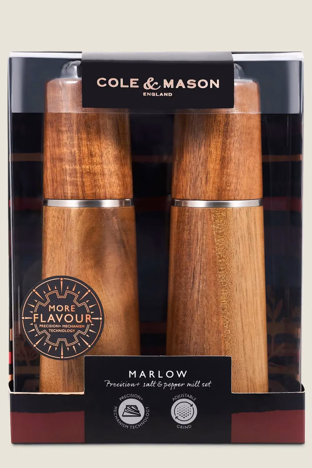 Cole & Mason Marlow Acacia Wood Salt and Pepper Mill Set, Brown, Height: 18.5 cm – 5