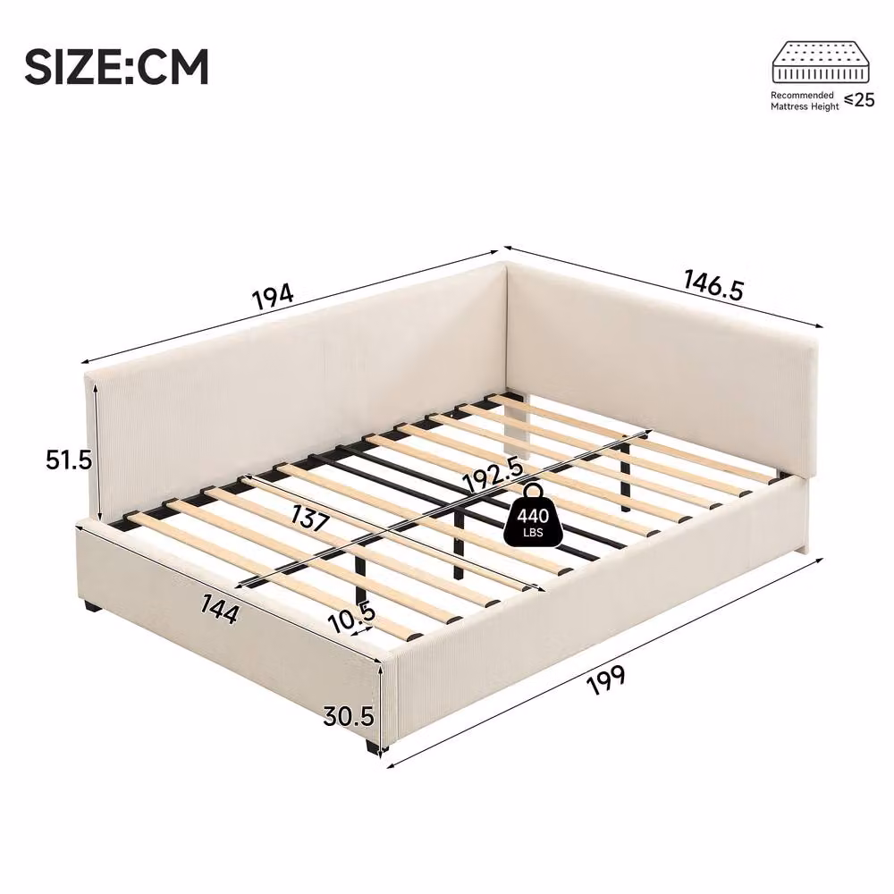 ModernLuxe Upholstered Double Bed with L-shaped Headboard in Beige, W/D/H: 140 x 200 cm – 2