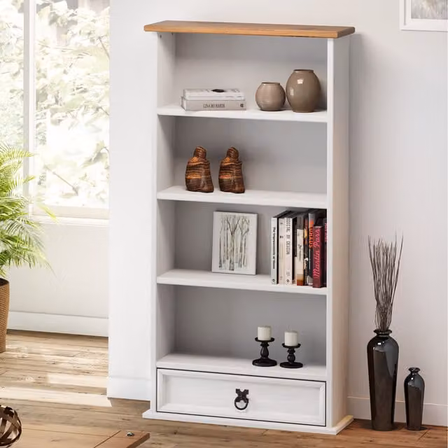Mercers Furniture Corona Solid Wood Mexican Pine DVD and CD Storage Bookcase in Distressed White Wax, W/D/H: 103 x 18 x 52 cm