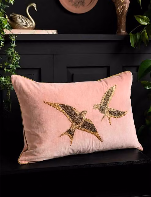 Rockett St George Beaded Love Birds Piped Cushion in Pink Mix