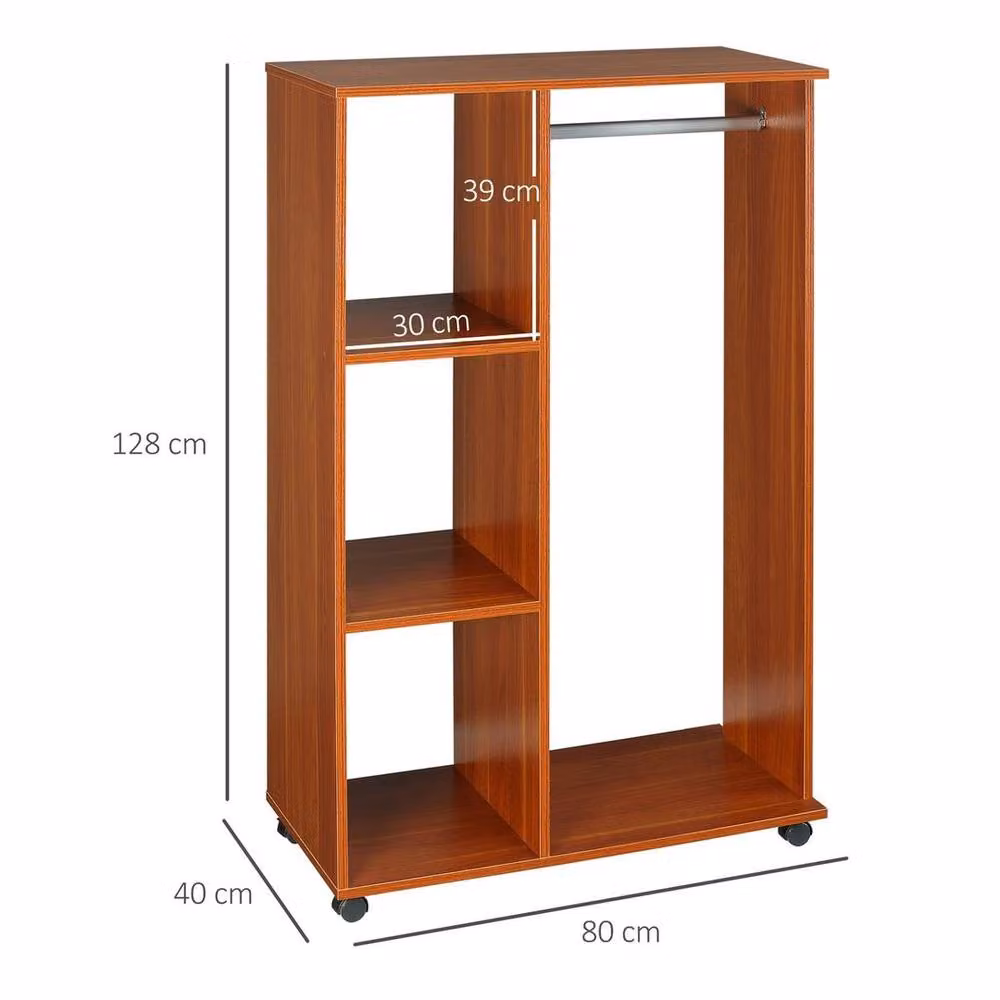 FLAVORA Rolling Open Wardrobe with Hanging Rail and Storage Shelves in Brown Walnut Matt Finish – 2