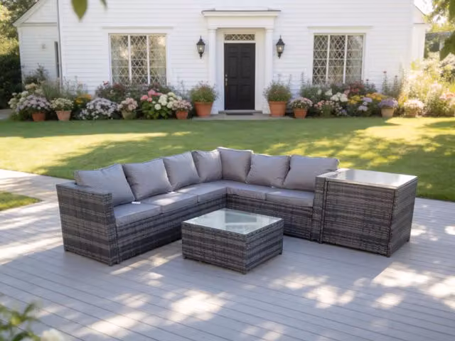Fimous Rattan Corner Sofa Set with Coffee Table and Side Table in Dark Grey