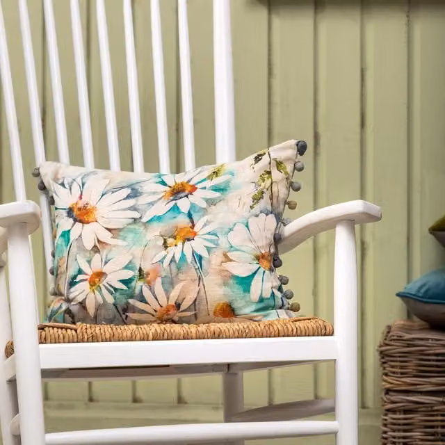 Voyage Maison Prairie Floral Pom-Pom Linen Cushion in Blue with Feather Filling