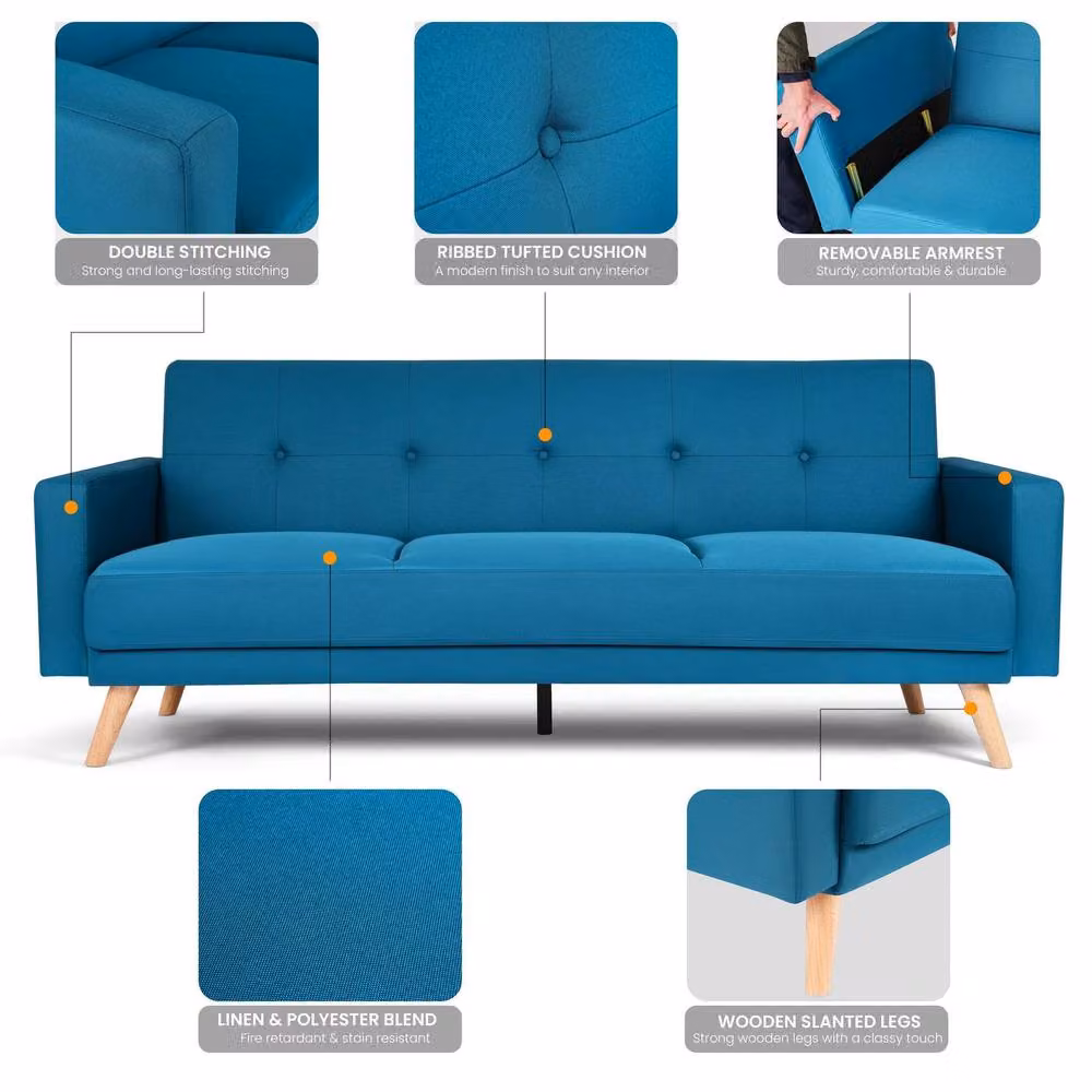 Bravich LTD Narvik 3 Seater Click Clack Sofa Bed in Blue Fabric with Solid Wood Frame W/D/H: 204 x 113 x 87 cm – 5