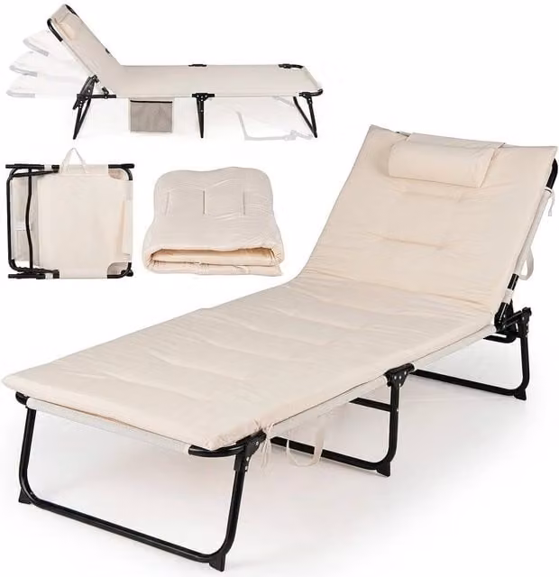 Kelvenix Folding Sun Lounger with 4-Position Adjustable Backrest and Weatherproof Cushion in Beige
