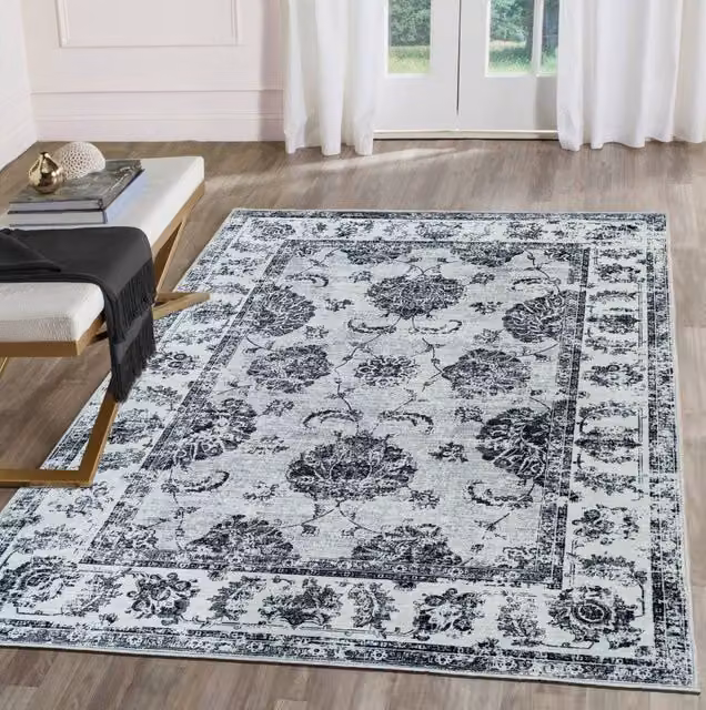 The Rug Shop UK Grey Bordered Floral Traditional Stain-Resistant Rectangular Rug, W/D/H: 160 x 120 x 0.7 cm – 1