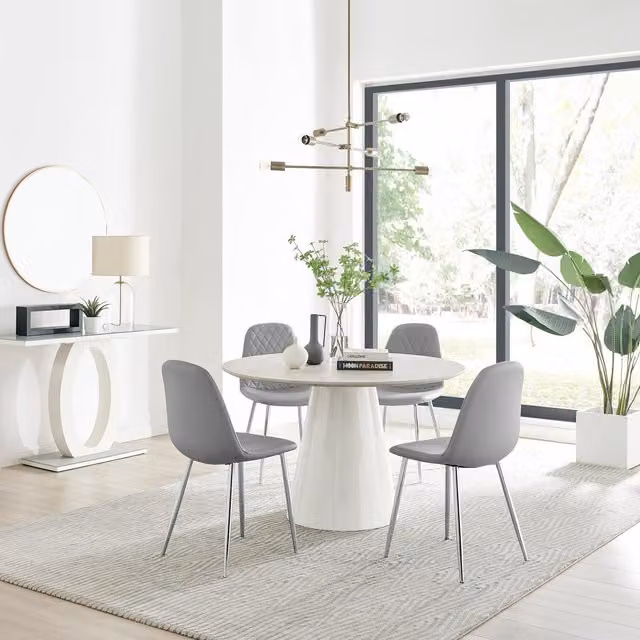 FurnitureboxUK Palma Beige Stone Effect Round Dining Table and 4 Corona Silver Chairs in Grey