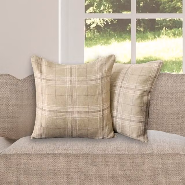 OHS Pack of 4 Woven Check Square Cushion Covers in Green and Beige