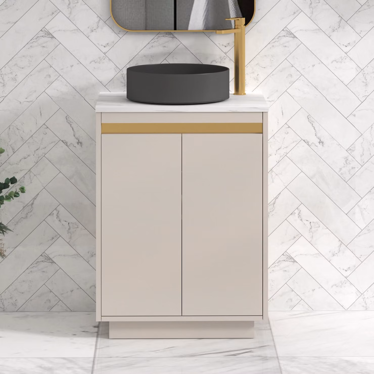 Royal Bathrooms Orion 600mm Warm Taupe Floor Standing 2 Door Vanity Unit with Art Round Basin and Brushed Brass Accent Trim