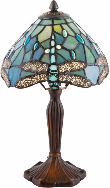 Happy Homewares Hand Crafted Stained Glass Dragonfly Tiffany Table Lamp in Green and Bronze