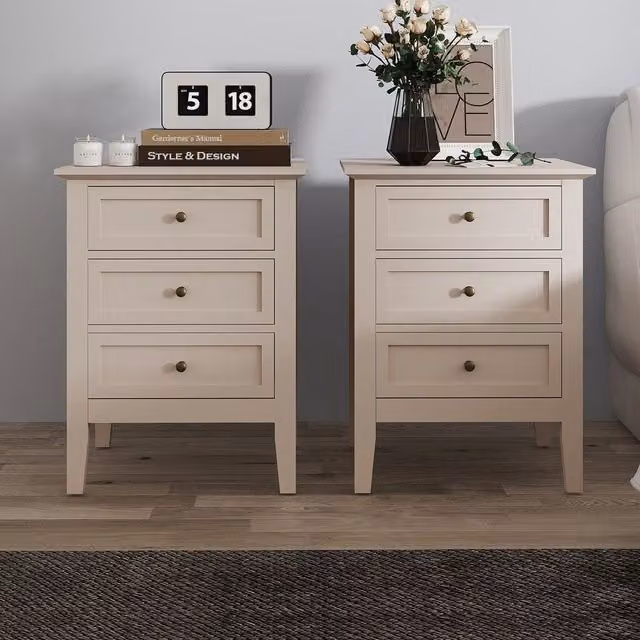 Melody Maison Rowley Pair of 3 Drawer Bedside Tables in Beige and Grey – 1