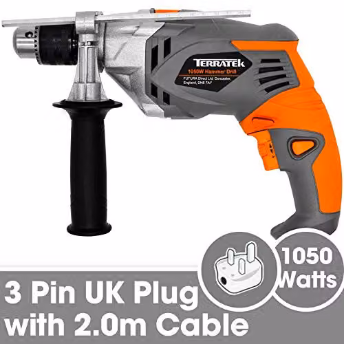 Terratek 1050W Corded Hammer Drill with 13mm Chuck and Variable Speed in Orange and Grey – 3