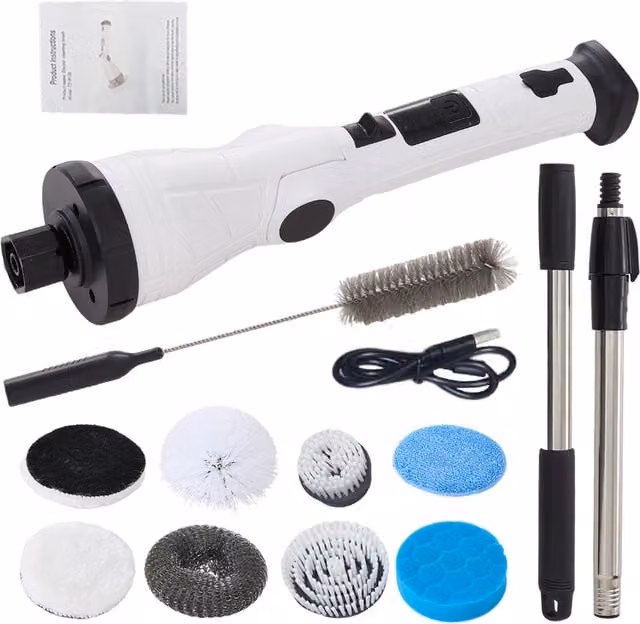 Livingandhome 8 in 1 Cordless Handheld Electric Spin Scrubber with Long Handle, White