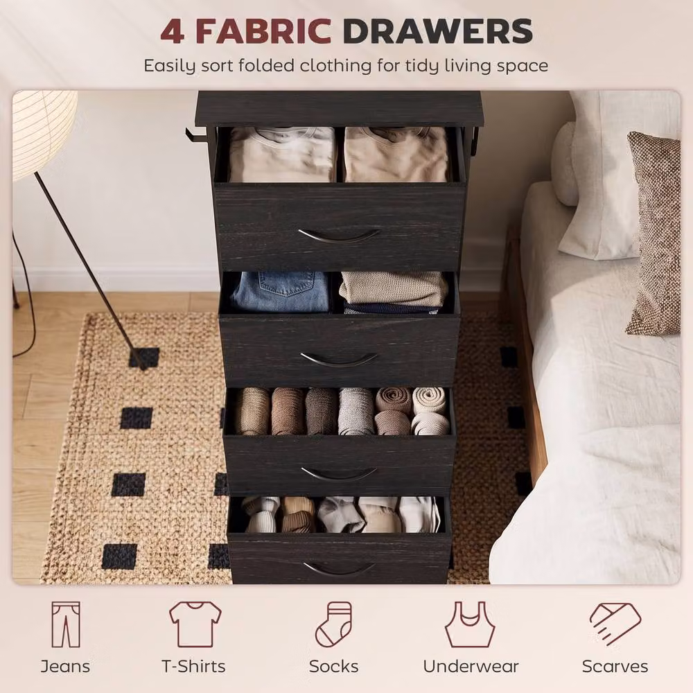 HOMCOM Black Fabric 4 Drawer Chest of Drawers for Bedroom – 3