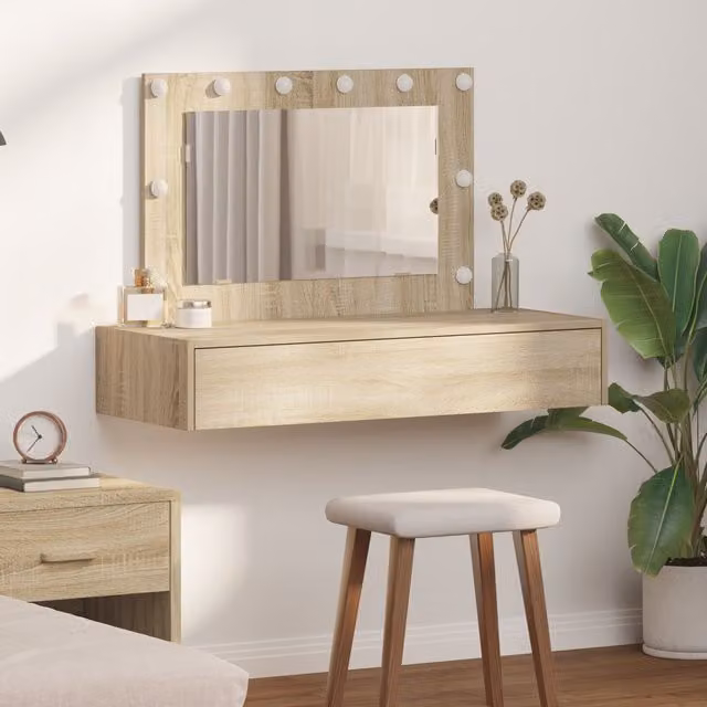 Berkfield Home Wall-Mounted Modern Dressing Table with Hollywood LED Lights in Sonoma Oak and Beige, W: 100 cm, H: 70 cm, D: 40 cm – 1