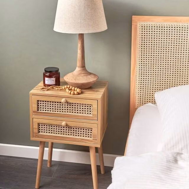 Wyld and Coco Light Brown Bedside Table with Rattan Viennese Braid and Beech Wood Finish