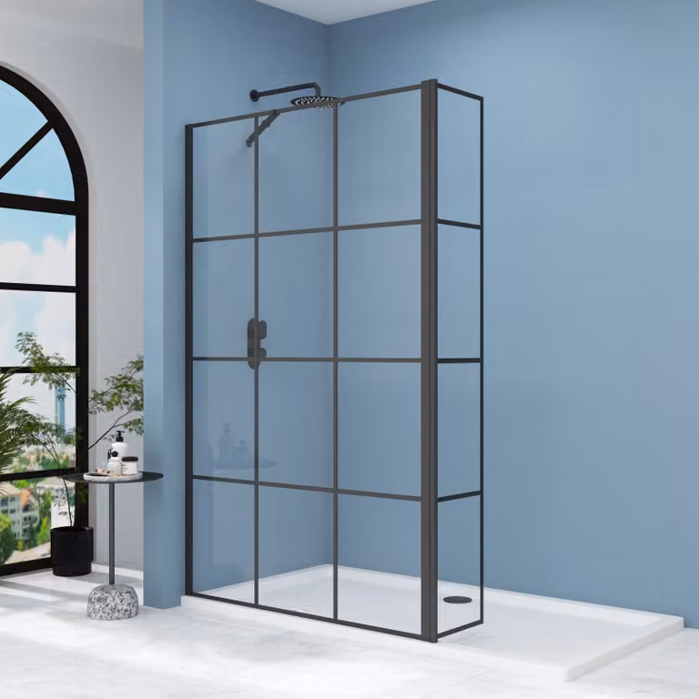 Royal Bathrooms Milan Walk-In Wet Room Shower Screen with Flipper Panel, Matt Black Grid, Clear 8mm Glass, W: 700 mm, H: 1850 mm