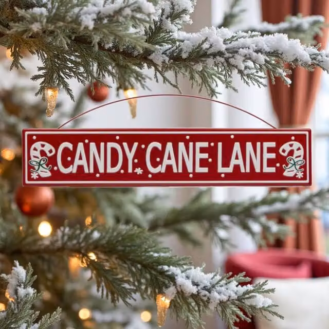 Garden Greatness Christmas Hanging Candy Cane Lane Metal Sign in Red