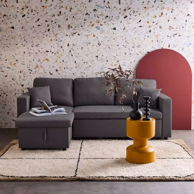 sweeek 3-Seater Reversible Corner Sofa Bed in Grey Fabric, W/D/H: 213.5 x 136.5 x 83.0 cm