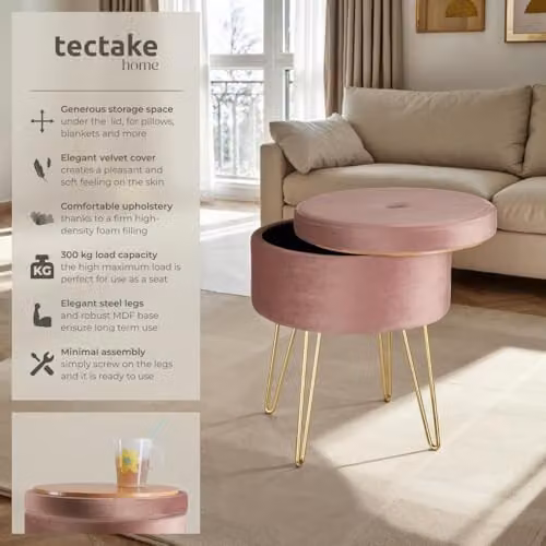 tectake Ava Round Velvet Stool with Storage Compartment in Pink and Gold, W/D/H: 37.5 x 44.5 x 37.5 cm – 4