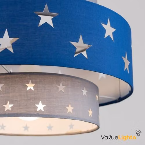MiniSun Modern Blue and Grey Fabric Ceiling Light Shade with Star Design, Shade Width: 30 cm – 4