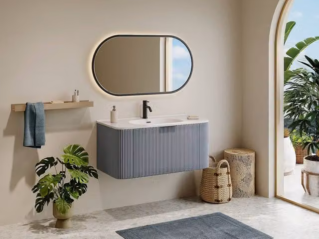 Vente-unique Matt Blue Fluted Wall-Hung Bathroom Unit with Inset Basin, Width: 100 cm