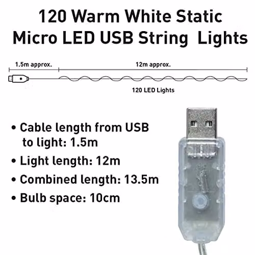 Global Gizmos 71269 Warm White Micro LED Static String Lights, 120 LEDs, USB Operated, 12m Coverage – 4
