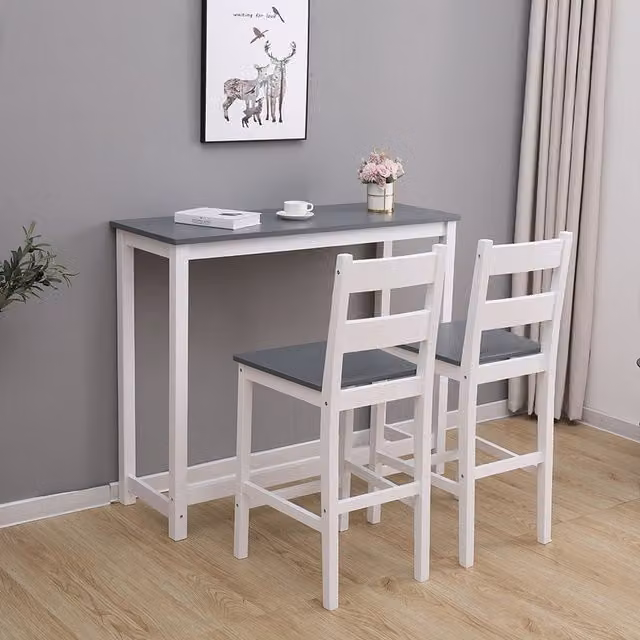 Westwood Modern Rectangular Pine Wood Bar Table and Stool Set in White and Grey