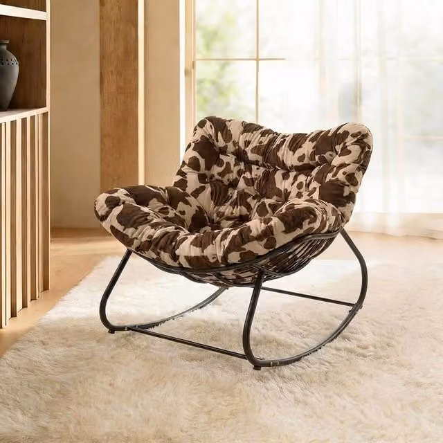 OHS Animal Print Fleece Rocking Chair with Armrests and Metal Frame in Brown and Multicolour