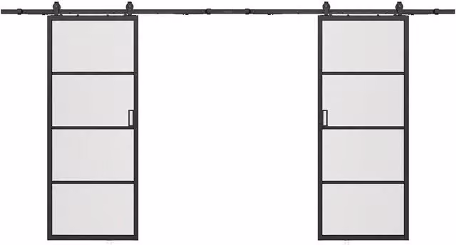 Vente-unique Black Industrial Double Sliding Flush-Mounted Door with Aluminium and Frosted Glass, H: 205 cm x W: 930 cm x D: 2 cm