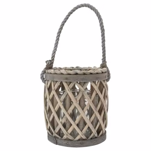 JVL Luna Natural Willow Wood Lantern with Braided Rope Handle, Grey Wash, H 16.5 x W 15.0 x D 15.0 cm – 1