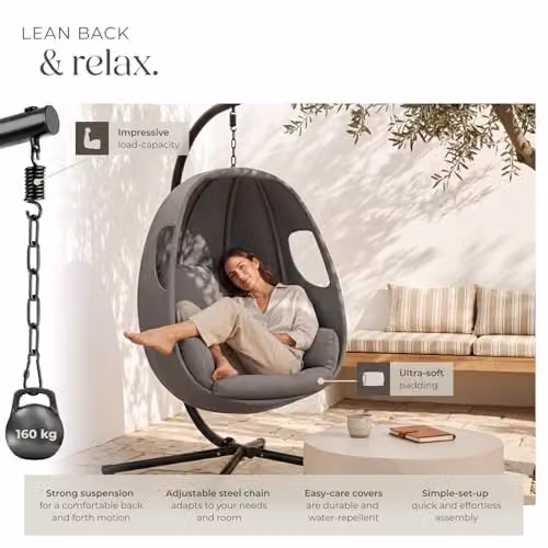 tectake Hanging Egg Chair with Steel Stand and Thick Cushions in Anthracite Grey – 5