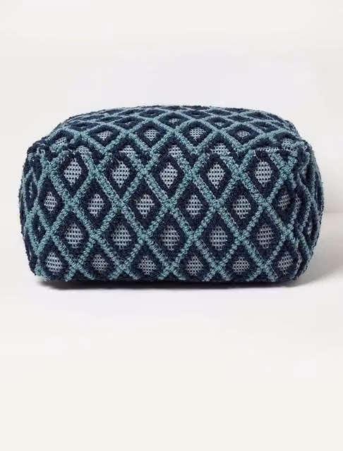 Homescapes Tula Handwoven Textured Pouffe Bean Cube in Blue, W/D/H: 55 x 55 x 55 cm