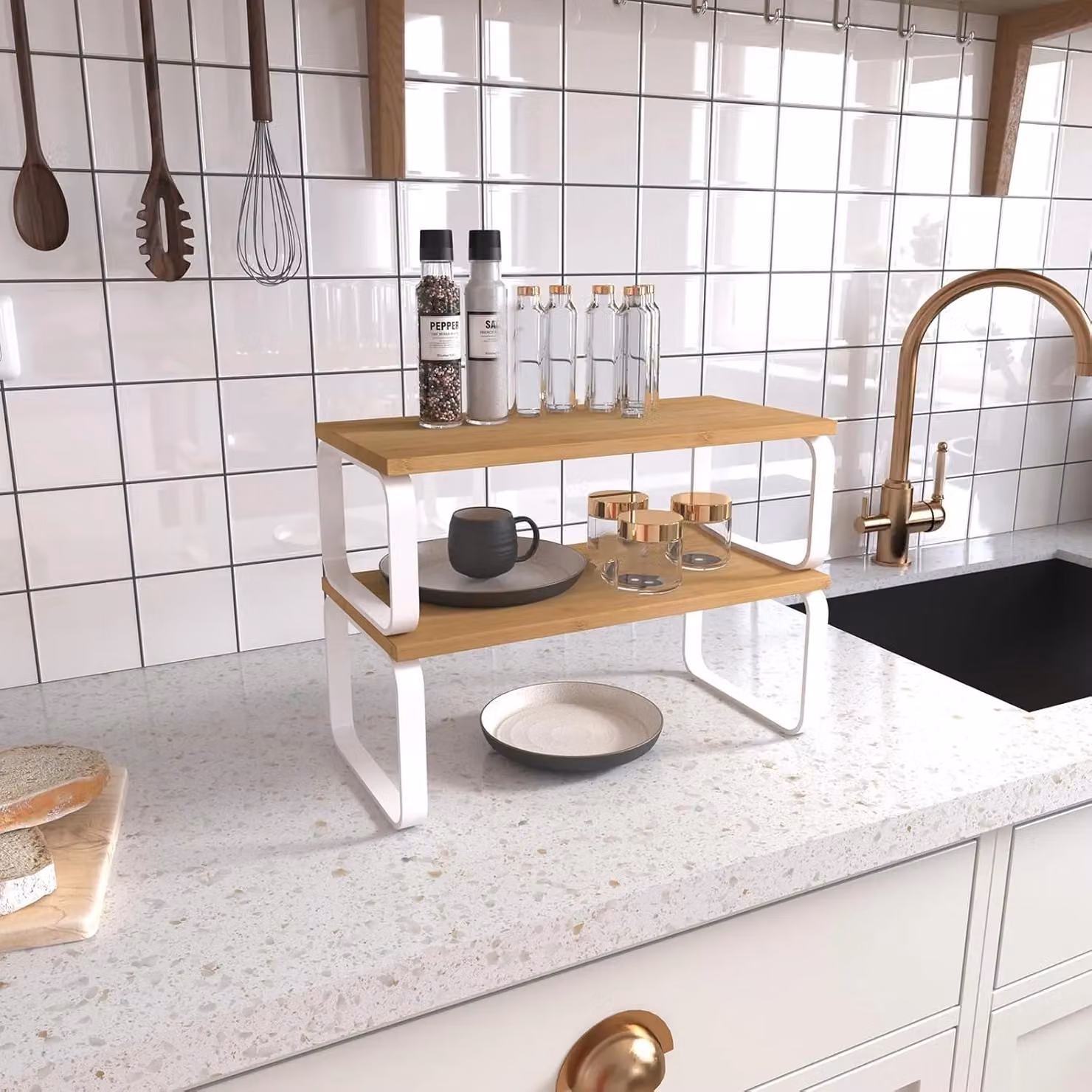Xample Set of 2 Stackable and Expandable Kitchen Countertop Cabinet Organiser Shelves in Sand, Beige or White – 3