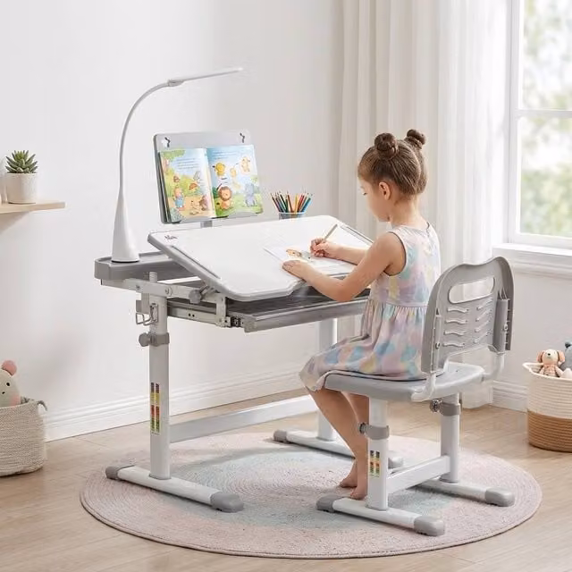 STILVORA Kids Study Desk and Chair Set in Grey with Adjustable Height and Tilting Top