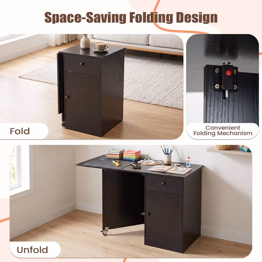 Costway Modern Black Folding Dining Table with Butterfly Drop Leaf and Drawer – 9