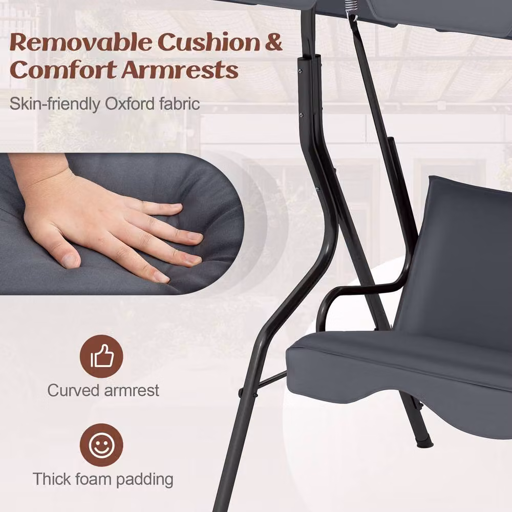 Gymax 3-Seater Canopy Swing Chair with Weatherproof Cushions in Grey – 7