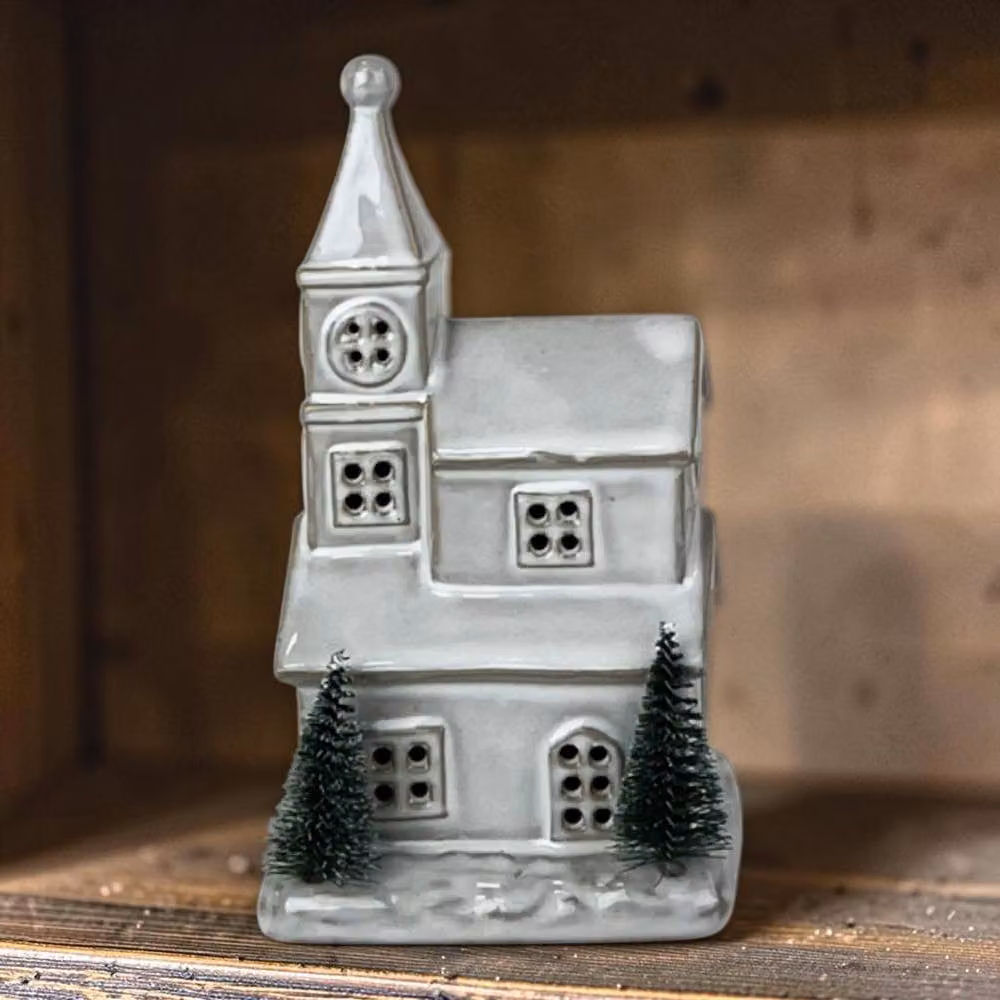 Four Candle Glazed Ceramic LED Christmas Church Tabletop Ornament in White – 2