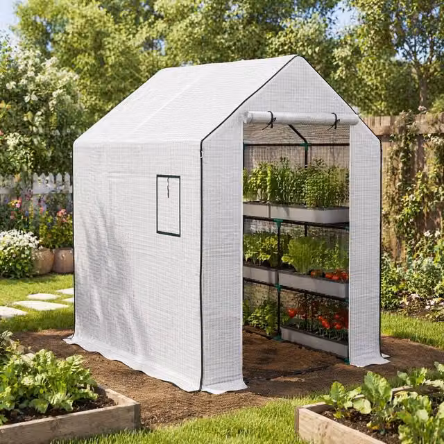 STILVORA White Greenhouse Cover Replacement with Roll-up Door and Windows, W/D/H: 190 x 143 x 140 cm – 1