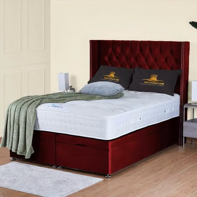 UK Bed Furniture Francesca End Lift Divan Ottoman Bed with 54 Inch Diamond Headboard in Red Velvet, Super King, W/D/H: 200 x 160 x 137.16 cm