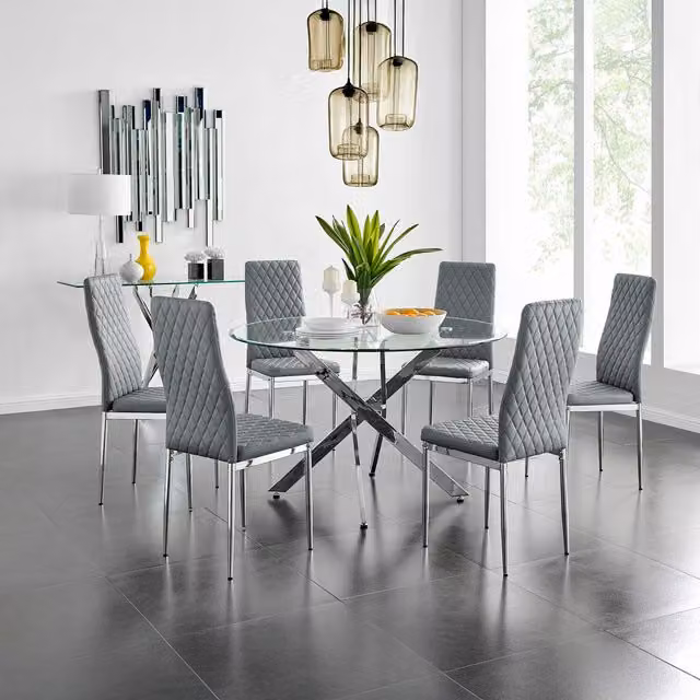 FurnitureboxUK Novara Round Glass Dining Table with 6 Milan Chairs in Grey, Diameter: 120 cm