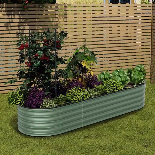 Livingandhome Silver Galvanised Steel Oval Raised Garden Bed in Green