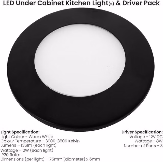 Loops 2x Matt Black Ultra-Slim Round Under Cabinet Kitchen LED Light and Driver Kit with Warm White Diffused Light – 1
