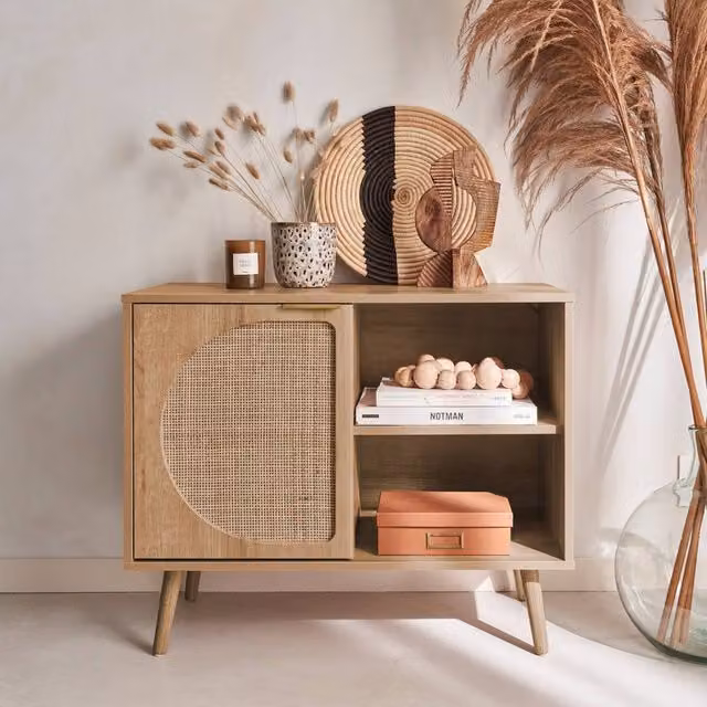 Sweekeek Modern Wood and Rounded Cane Rattan Sideboard in Light Brown, Width: 80 cm – 1