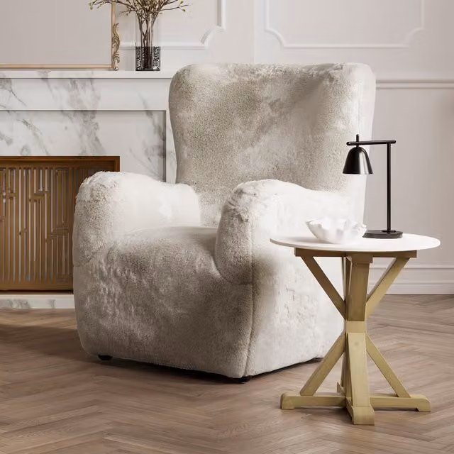 LPD Home Bear Chair in White Fabric with Armrests and Animal Print