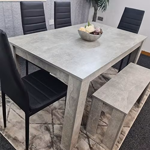 KOSY KOALA Modern 6 Seater Dining Set with Grey Stone Effect Table, 4 Black Faux Leather Chairs and 1 Bench, W/D/H: 140 x 80 x 75 cm – 3