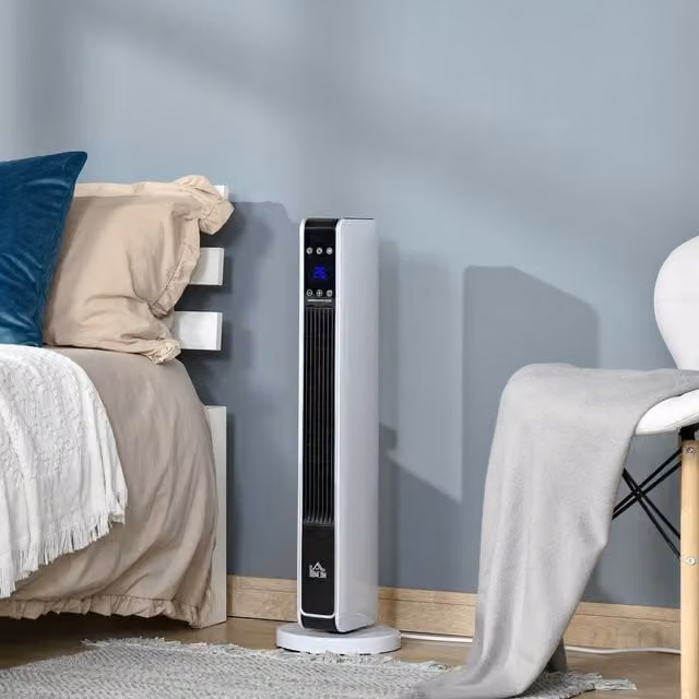 HOMCOM White Oscillating Ceramic Tower Fan Heater with Timer, Overheat Protection and Remote Control