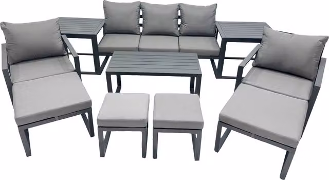 Fimous 9 Seat Aluminium Lounge Set in Dark Grey with 3 Seater Sofa, Coffee Table and 4 Stools – 1