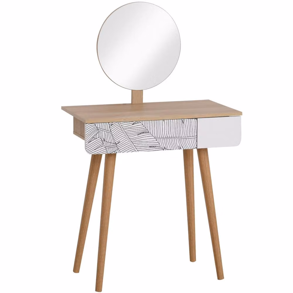 Wyld Haus Zino Oak Colour Dressing Table with Adjustable Round Mirror and Drawer – 2